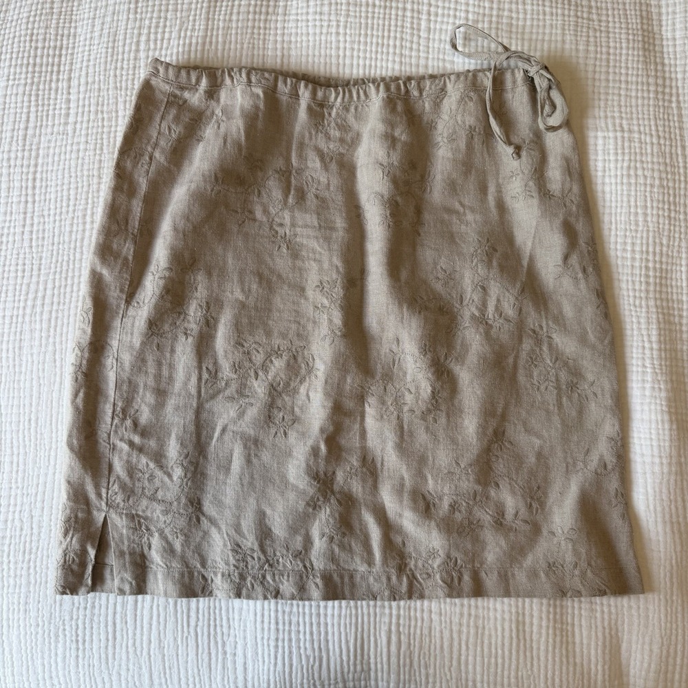 St. John's Bay Women's Beige Linen Skirt (S) Embroidered Floral Cottagecore VTG